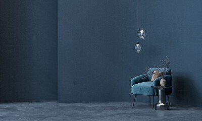 Concept modern Room with stylish armchair. Bright room interior mockup in blue trendy color. Empty room for mockup. 3d rendering