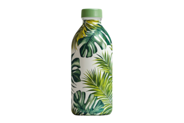 A refreshing tropical escape bottled in vibrant green and white palm leaves, a sleek design perfect for summer adventures with a light green cap.