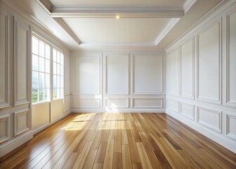 Fototapeta premium Panoramic View: White Wall, Wooden Floor, and Crisp White Skirting Board