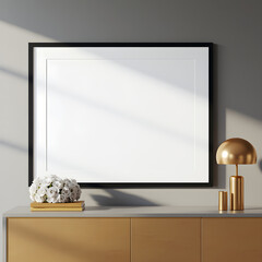 Minimalist interior mockup with blank frame. Empty frame wall poster mockup. Interior mockup with modern design. Contemporary interior scene