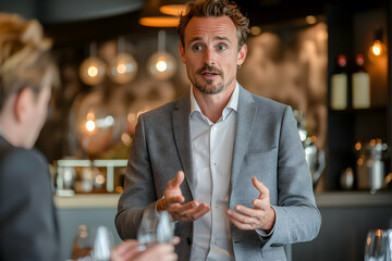 Business seminar led by a charismatic man in a stylish grey suit, creating an inspirational and innovative atmosphere.