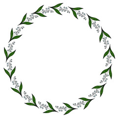 Naklejka premium A circular floral frame featuring green leaves and delicate white flowers, creating a natural and elegant border.