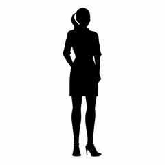 Silhouette of a business woman in a standing pose with flowing hair, showcasing elegance and beauty in a minimalist vector illustration