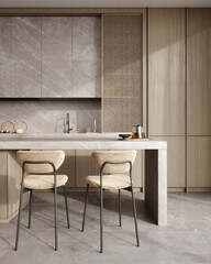 Modern wooden kitchen interior design design, close up, 3d rendering