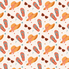 Seamless summer pattern with beach accessories: straw hats, sunglasses, flip-flops, stars and bubbles. Light and stylish design in warm pastel colors.

