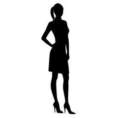 Silhouette of a business woman in a standing pose with flowing hair, showcasing elegance and beauty in a minimalist vector illustration