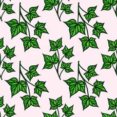 A vector seamless pattern featuring green ivy leaves on a light pink background. The design showcases various ivy leaf shapes and arrangements, creating a natural and fresh aesthetic.