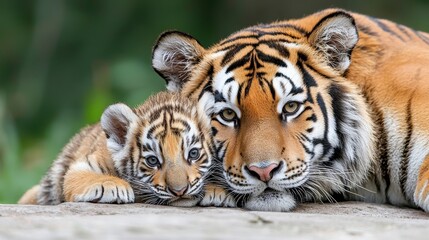 Fototapeta premium A heartwarming close-up showcases a protective mother Siberian tiger lovingly cradling her adorable tiny cub in a serene natural habitat, symbolizing maternal care and wildlife