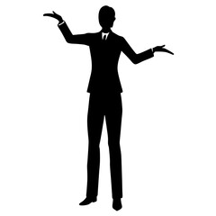 A silhouette of a businessman in a suit, standing with one hand pointing up, smiling, looking confident, representing success and professionalism