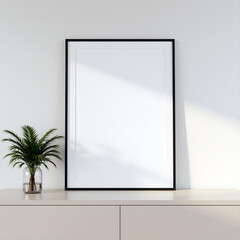 Minimalist interior mockup with blank frame. Empty frame wall poster mockup. Interior mockup with modern design. Contemporary interior scene