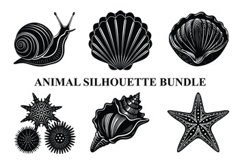  Sea Animal Silhouette Bundle | Snail, Shell, Starfish, Ocean Clipart for Vector Art