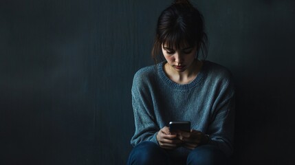 Woman absorbed in her phone, displaying a somber and solitary mood.
