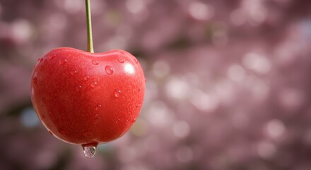 Vibrant cherry close-up against blurred pink blossoms creating a serene scene