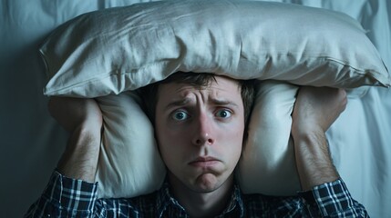 Frustrated man trying to sleep covering head with pillows due to noise.