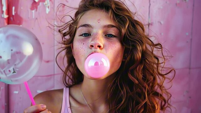 Playful teenage girl or young adult woman with curly hair blowing pink bubblegum against pastel wall holding clear balloon. Concept of fun, Y2K nostalgia, summer vacation and carefree youth