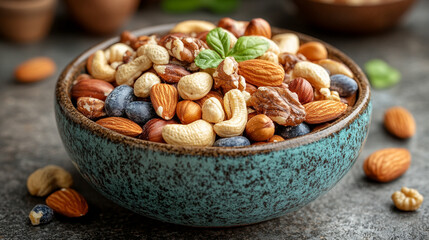 A bowl of mixed nuts, including almonds, cashews, and walnuts, in a modern ceramic bowl, symbolizing health, vitality, and nourishment with an emphasis on superfoods and balanced nutrition
