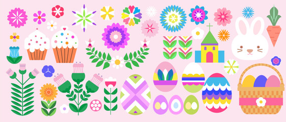 Happy Easter holiday abstract icons set  with icons  rabbit, easter egg , spring flowe