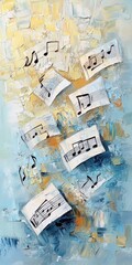 Fototapeta premium Melody in Motion: A painterly scene with musical notes dancing on an abstract textured canvas. Musical notation floats mid-air against a backdrop of a painterly backdrop.