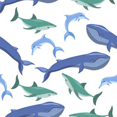 Seamless pattern of dolphin, shark and whale on a white background.Vector pattern for summer designs,children's textiles.