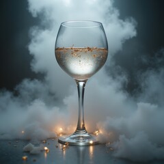 "Serene Floating Glass Stand Surrounded by Mist and Glowing Particles for Placement Product"