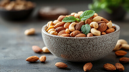 A bowl of mixed nuts, including almonds, cashews, and walnuts, in a modern ceramic bowl, symbolizing health, vitality, and nourishment with an emphasis on superfoods and balanced nutrition