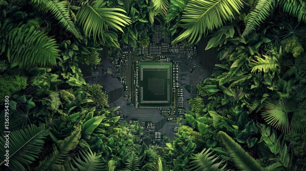 Poster lush green tropical foliage surrounds a central computer chip, creating a striking contrast between 