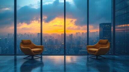 Obraz premium Serene Cityscape Sunset View from Modern Apartment