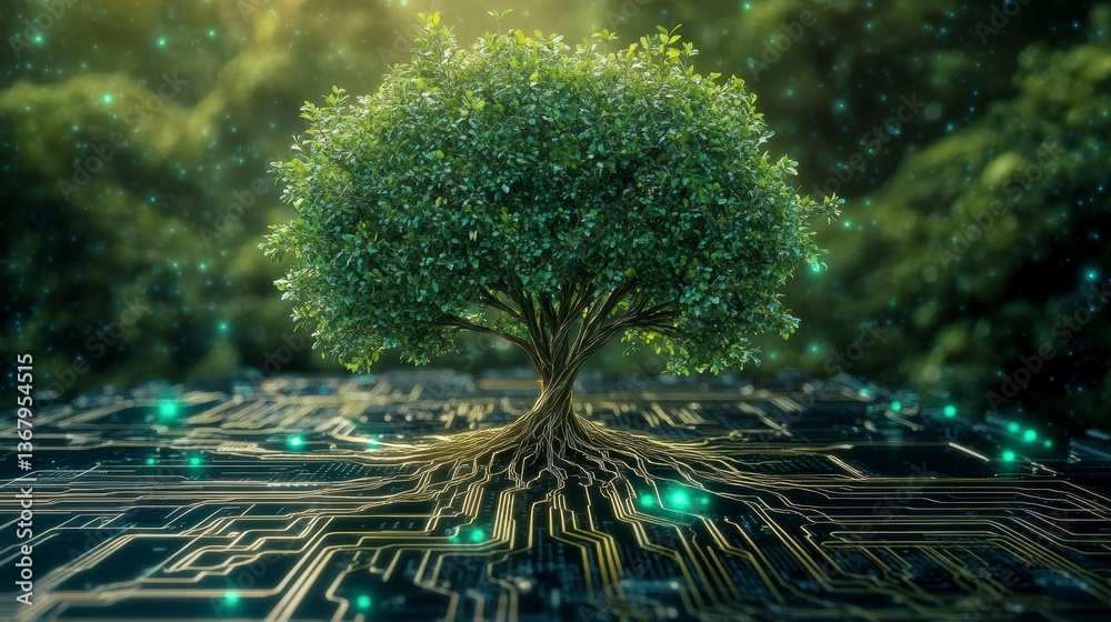 Poster lush green tree growing from a circuit board, symbolizing technology and nature's connection.