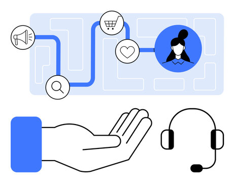 Blue path connecting shopping cart, heart, and user icons, leading to a customer support avatar. Includes headset and hand. Ideal for customer service, support, e-commerce, user experience