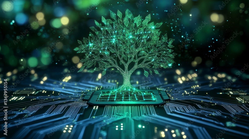Poster Glowing green tree growing from a microchip, representing technology and nature. (1)