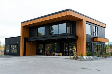 Two-story building with black and wood facade with modern design and lots of windows