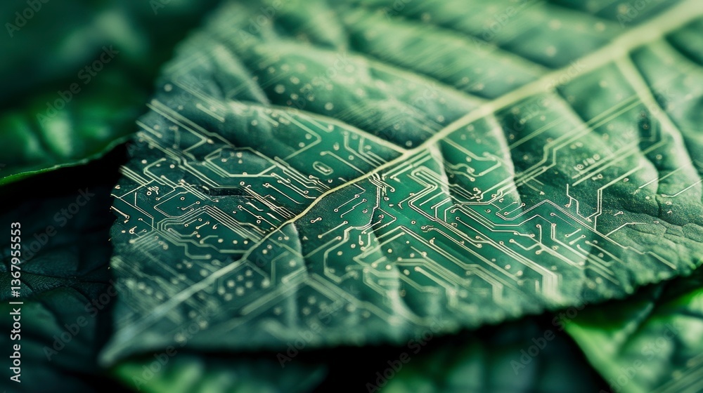 Poster Close-up of a green leaf with a circuit board pattern imprinted on it, symbolizing technology and nature.