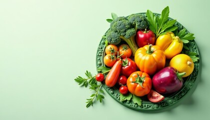 A collection of vibrant fruits and vegetables overflowing onto a green textured circular stamp, immune system boost, superfood diet, detox