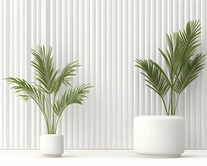 Minimalist interior with two potted plants against a white ribbed wall