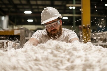 Bearded worker, safety gear, amidst white particles, industrial backdrop in blurry depth