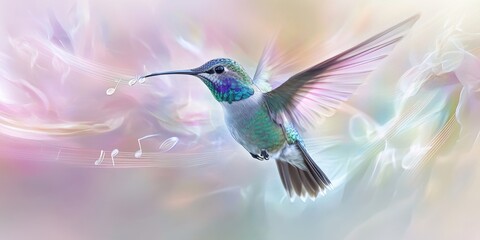 Obraz premium Hummingbird in Flight: Capturing the ethereal beauty of a hummingbird in mid-flight, its iridescent feathers shimmering against a soft, dreamlike backdrop, evoking a sense of wonder and grace.