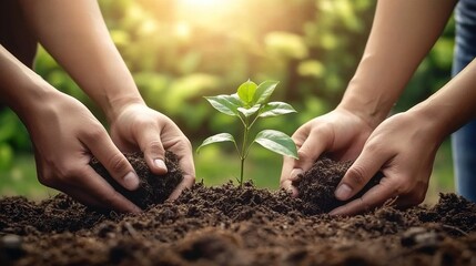 Realistic High-Quality Image of Four Hands Holding Soil Planting Small Green Plant Together in Outdoor Setting with Sunlight Filtering Through Tree Leaves,