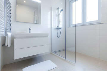 Modern bright bathroom with walk-in shower, vanity, and heated towel rail