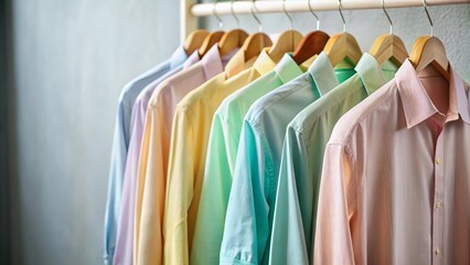 Obraz premium Pastel Shirts Hanging in a Minimalist Closet – Neutral Background Stock Photo