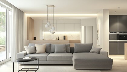 Modern Minimalist Apartment Interior Design Gray Sofa Open Plan Kitchen Living Room