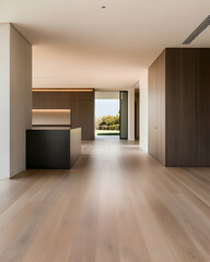 Fototapeta premium Modern minimalist home interior with light oak flooring, open plan kitchen, and sliding glass doors leading to a tranquil outdoor view