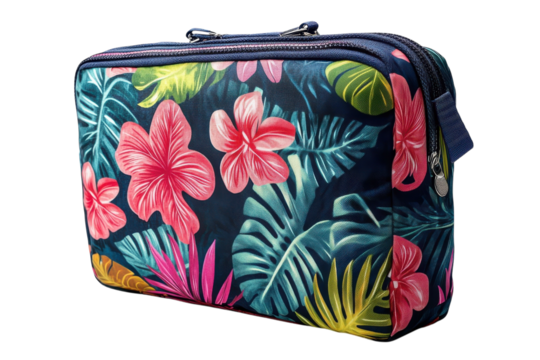 A vibrant tropical escape unfolds on this stylish navy blue cosmetic bag, bursting with lush hibiscus flowers and exotic leaves; double zipper closure.