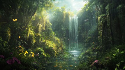 Obraz premium Lush rainforest waterfall cascading into a tranquil stream, surrounded by vibrant flora and fauna.