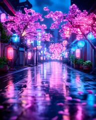 Neon-lit street, cherry blossoms, rain, night