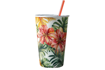 A vibrant tropical hibiscus and palm leaf design adorns this refreshing drink cup, perfect for a summer getaway, featuring a bright orange straw against a clean white background.