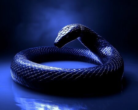 A coiled black snake with blue hues in a dark environment