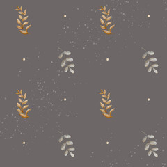 Pattern of gray twigs, beige algae, pearls in watercolor style. Hand drawn illustrations isolated gray background for design textiles fabrics packaging clothes wallpapers