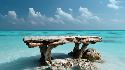 Fototapeta premium Tranquil seaside table tropical oasis nature scene crystal clear waters panoramic view serenity and relaxation