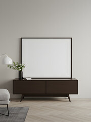 Minimalist interior mockup with blank frame. Empty frame wall poster mockup. Interior mockup with modern design. Contemporary interior scene