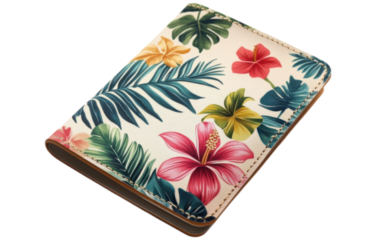 A vibrant tropical leather passport holder adorned with hibiscus flowers and lush palm leaves, showcasing a summery design in warm, inviting tones. - Powered by Adobe